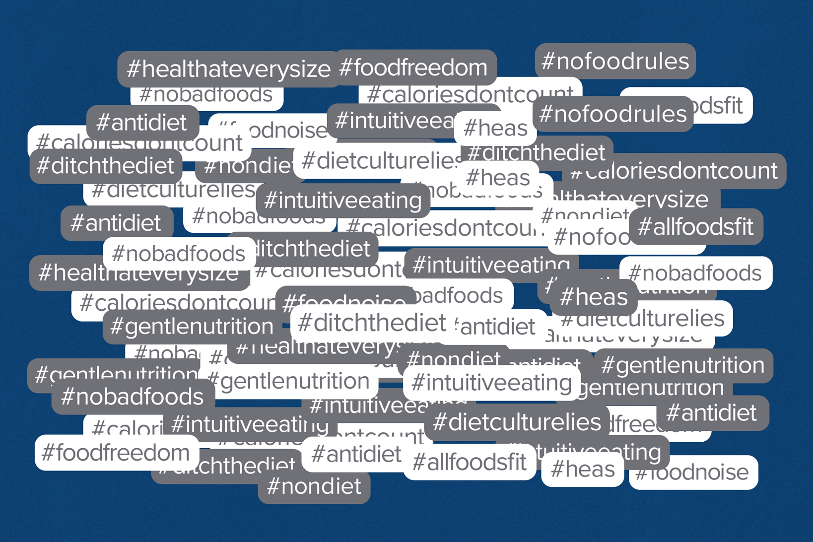 Several hashtags related to the anti-diet movement on social media appear and disappear, including #antidiet, #caloriesdontcount #nofoodrules and #healthateverysize