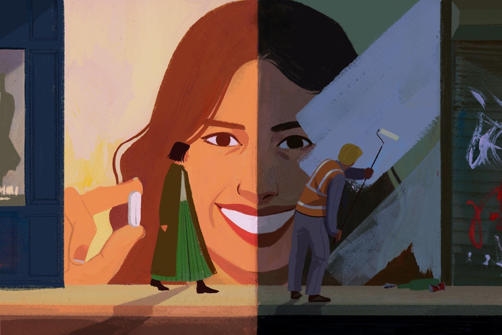 In an illustration, an a billboard shows a person holding a pill and smiling. The billboard's left side is brightly lit, with a person walking by looking at it. On the right, a shadow is cast over the billboard as a person paints over it.